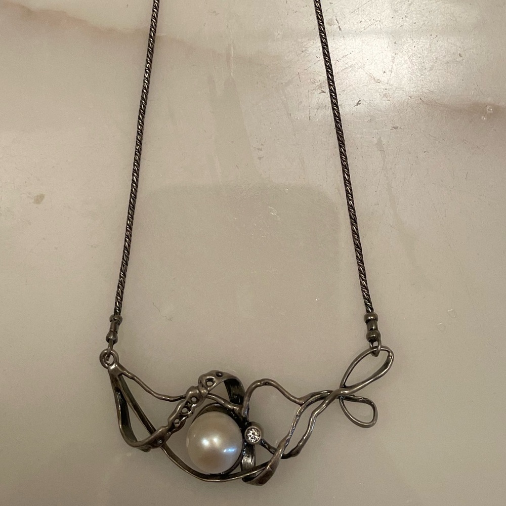 Unusual sterling silver and pearl necklace